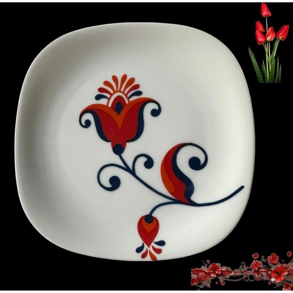 VTG 70s Block Langenthal Transition Bread Plates 6 piece Red Floral Pop Art - Picture 9 of 12